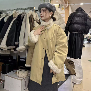 JXJ8722-1韩版羊羔毛拼接白鸭绒羽绒服女中长款立领外套冬季保暖