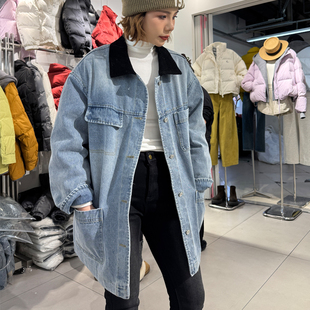 芭鲁娜韩版宽松牛仔外套女中长款拼接领百搭羽绒服冬季保暖
