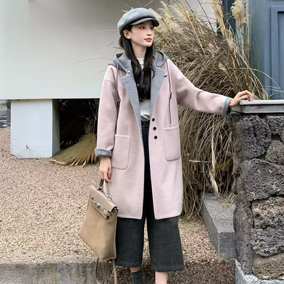 连帽双面羊绒呢大衣中长款流行街