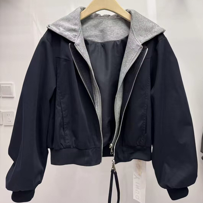 连帽假两件短外套女长袖依诺