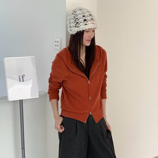 休闲慵懒风连帽拉链开衫卫衣女短款宽松百搭显瘦德绒外套人可木易