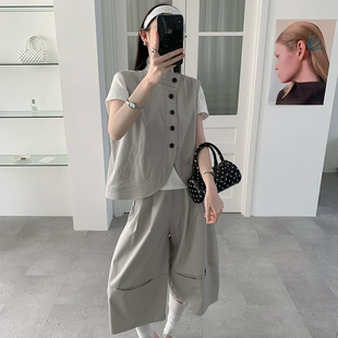 亦然2026春新款老钱风无袖马甲阔腿裤两件套女通勤显瘦松弛感套装