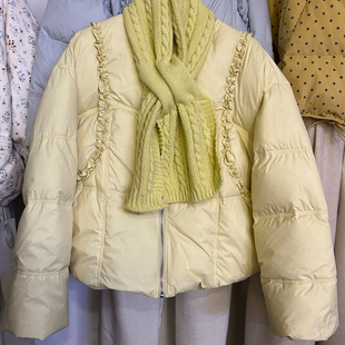 金燕子围巾款木耳边短款白鸭绒羽绒服女2025冬季新款百搭保暖外套