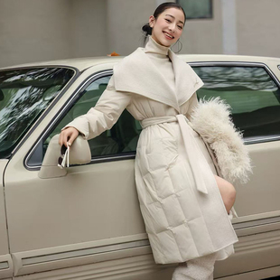 大翻领收腰羊毛呢羽绒服女长款束腰带系带外套冬装可可锐丽85162