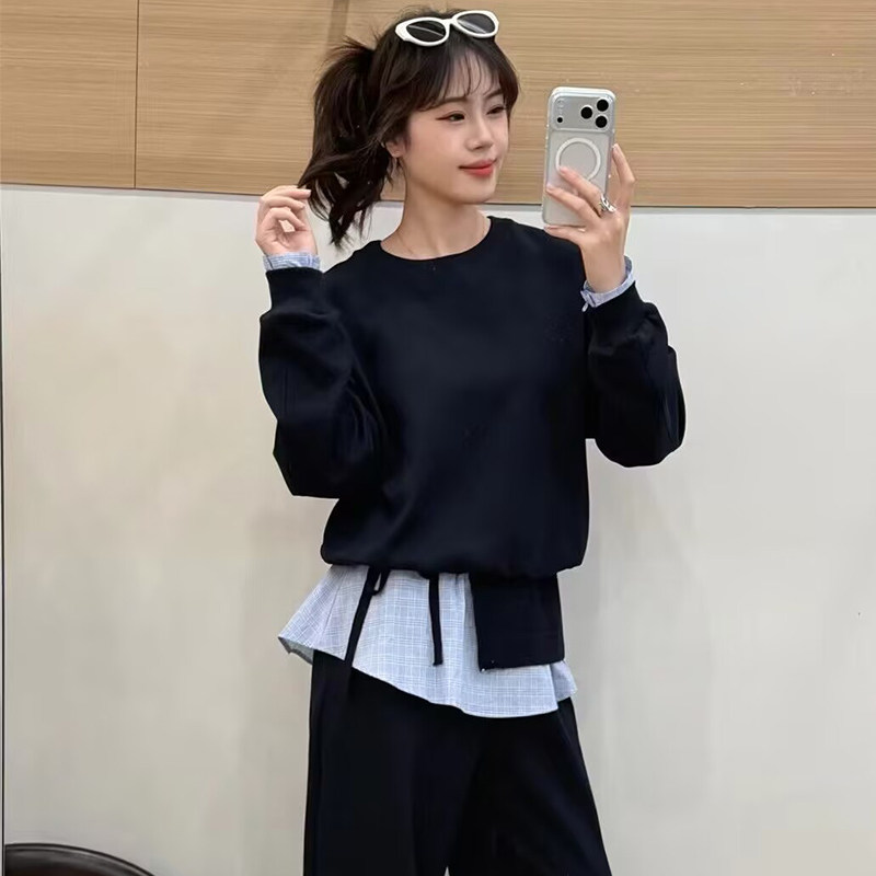 气质格纹拼接卫衣屁帘裤子套装女2026春季时尚两件套休闲套装搭配