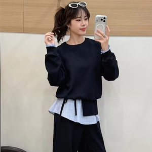 气质格纹拼接卫衣屁帘裤子套装女2026春季时尚两件套休闲套装搭配