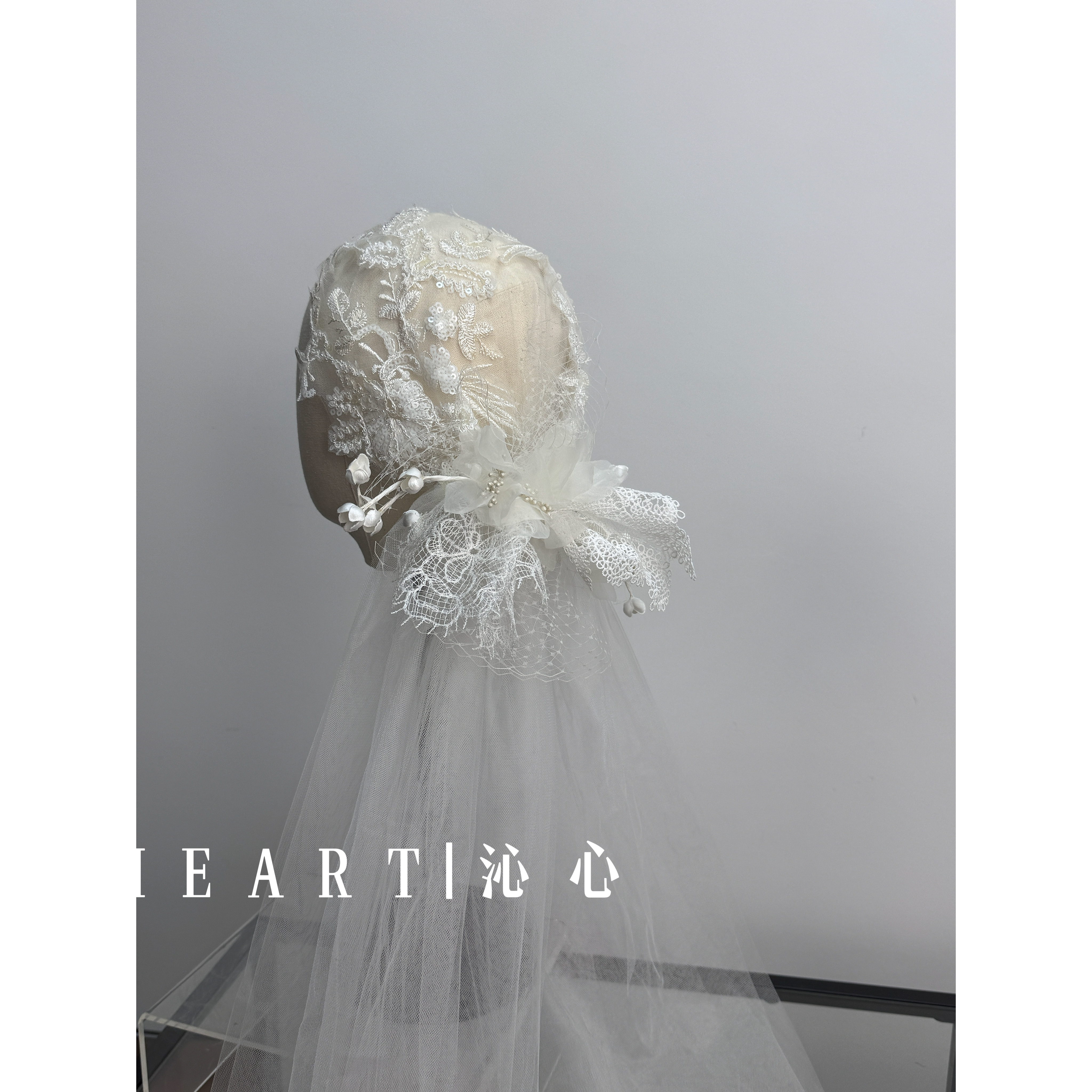 TM｜QHT1手作蕾丝串珠蝴蝶结铃兰花头纱复古新娘帽纱法式