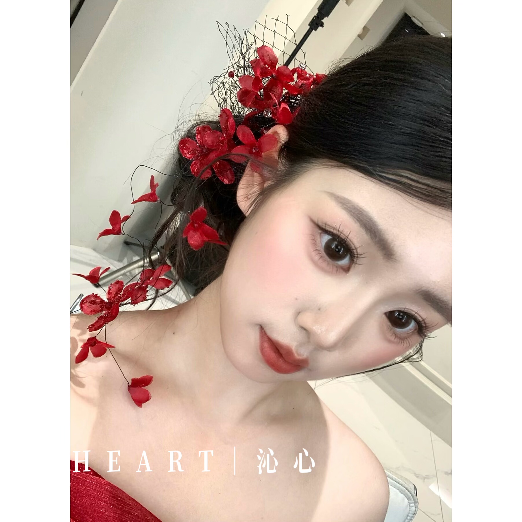 TM｜碎钻红 小花朵新娘敬酒服搭配头饰（一对头花+网纱