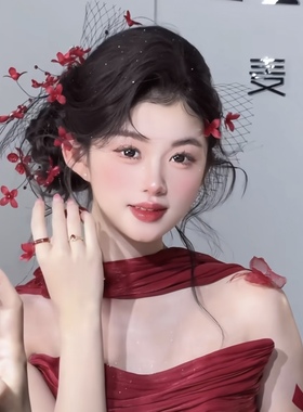 TM｜B16红色碎钻花瓣新娘敬酒服红色礼服搭配 （一对红花+网纱