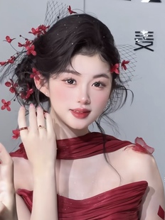 TM｜B16红色碎钻花瓣新娘敬酒服红色礼服搭配 网纱 一对红花