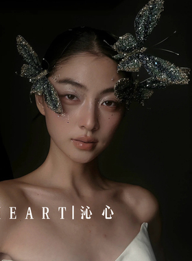 TM｜D19康康造型 蓝绿碎钻手作大蝴蝶 新娘模特走秀头饰