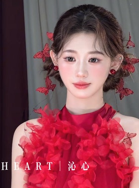 TM｜手作红色蝴蝶新娘头饰碎钻敬酒服搭配（一对