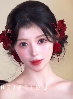 TM｜“赤焰红”丝绒新娘敬酒服红色玫瑰手作四件套（对夹+耳夹