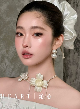 TM｜向南老师同款复古奶油花朵新娘缎面搭配项链（项链+耳夹