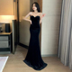 黑色生日礼服女新款 长裙宴会气质金丝绒抹胸晚礼服 性感高级感晚装