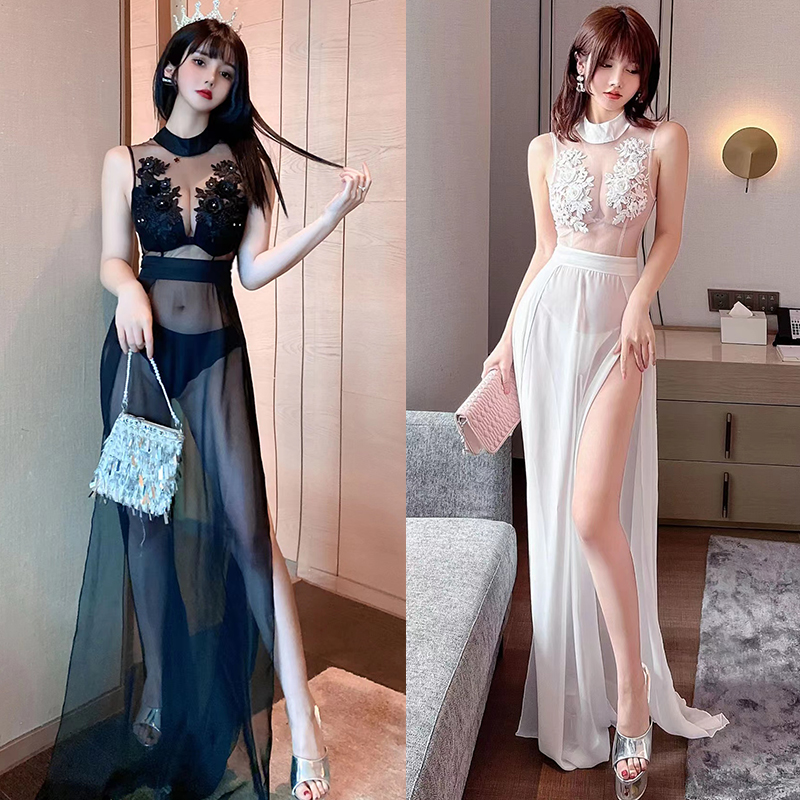 性感暴露女装夜场连衣裙夜总会桑拿足疗技师工作服高开叉透视长裙