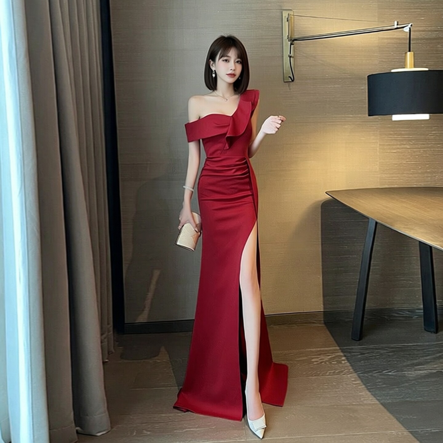 绝美漂亮单肩性感晚礼服长裙