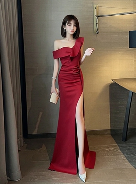 绝美漂亮性感单肩红色开叉晚礼服女高级感气质名媛宴会敬酒服长裙