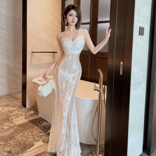 蕾丝透视鱼尾性感晚礼服缕空修身显瘦夜场桑拿足浴按摩技师连衣裙