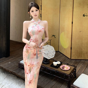 技师工作服 显瘦长裙沐足SPA柔式 新中式 改良旗袍挂脖连衣裙女修身