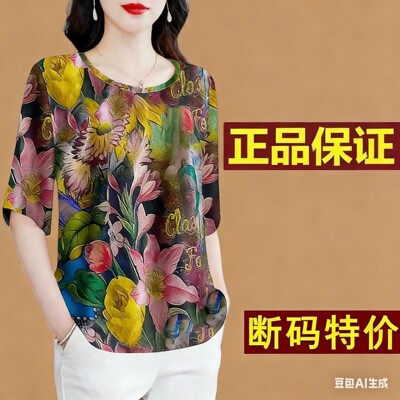 圆领中袖衫油画风花卉印花妈妈