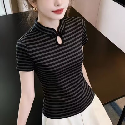 改良旗袍领条纹显瘦短袖T恤女