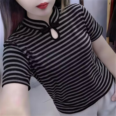 改良旗袍领条纹显瘦短袖T恤女