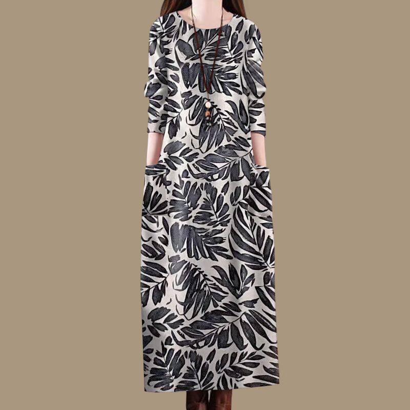 清仓纯棉~高档印花口袋长袖连衣裙女春秋季复古气质宽松圆领裙子