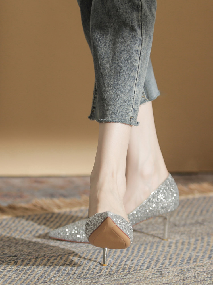 FRENCH STYLE NOT TIRED FEET BRIDESMAID HIGH HEELS WOMENS 2023 NEW HE XIU WEDDING SHOES TWO WEAR STILETTO HEELS BANQUET SEQUIN SINGLE SHOES