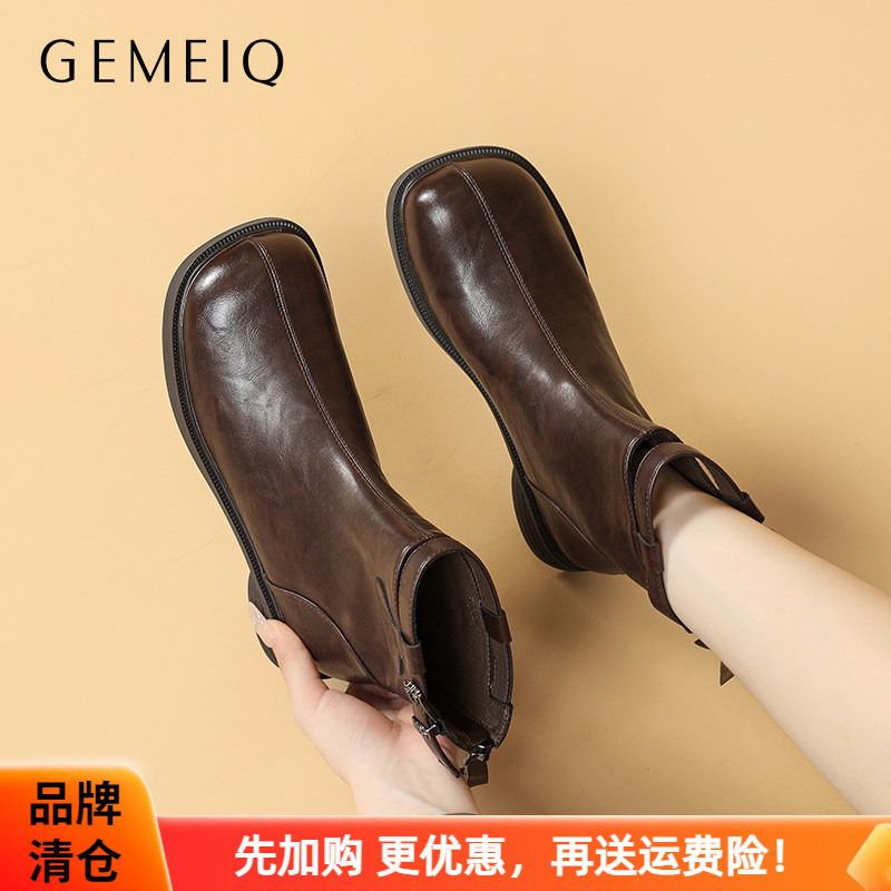 芒果头戈美其冬季粗跟短靴后拉链女鞋简约皮带扣时装靴子潮鞋女