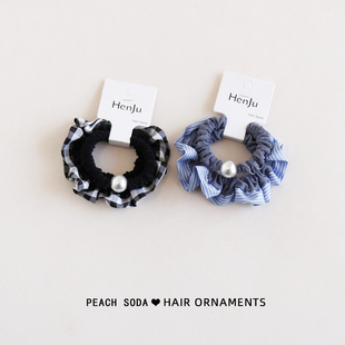 格纹花边小肠圈珍珠头绳两件套扎丸子头绳日常发饰简约扎马尾发圈