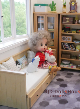 bjd娃屋家具blythe10分12分ob11gsc北欧风坐卧沙发床原木色抽屉床