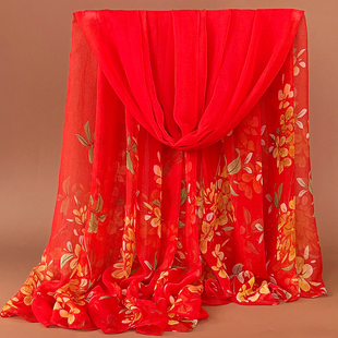 时尚中国红丝巾冬季女士鳄鱼皱纱巾长款百搭印花围巾防晒披肩沙滩