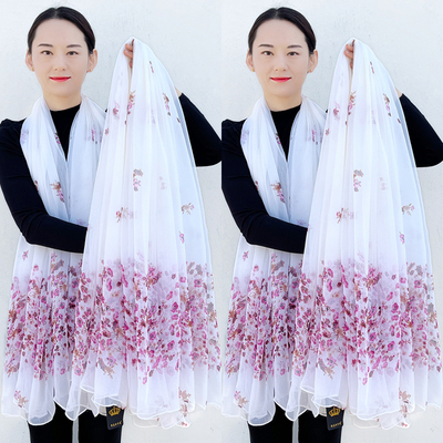 鳄鱼皱新款白纱巾时尚高档丝巾女士百搭沙滩妈妈长款洋气围巾披肩