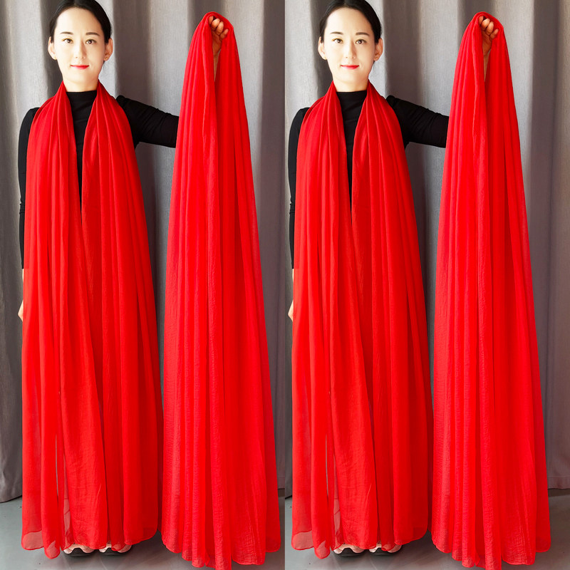 女士红色丝巾春秋季围巾女红沙巾广场舞蹈纱巾长款披肩防晒沙滩巾