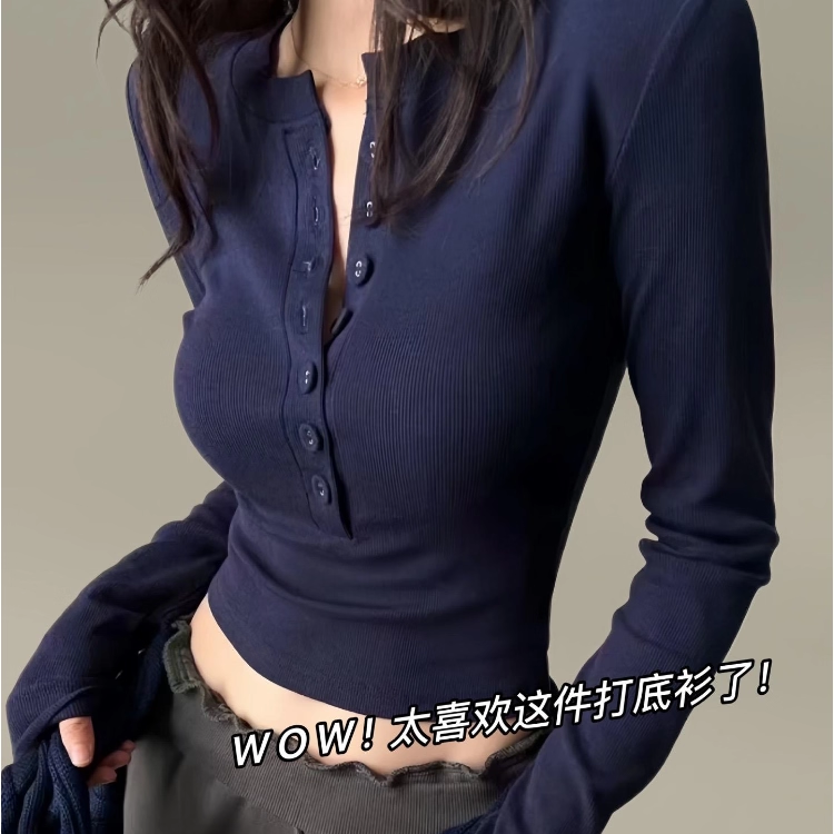 美式辣妹风单排扣紧身显瘦打底衫T恤女秋冬正肩独特长袖百搭上衣,女装/女士精品,T恤,淘宝优惠券,粉丝福利购,淘宝优惠卷
