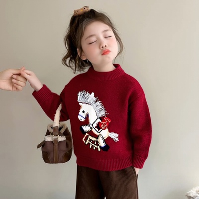 女童毛衣秋冬2025新款洋气时髦女宝宝红色针织衫外套儿童冬装内搭