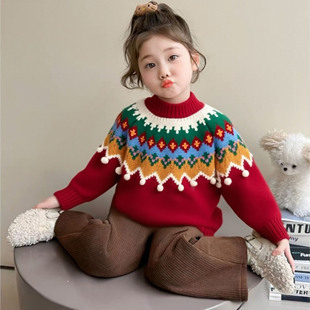 女童加厚加绒红色新年保暖毛衣冬季2025新款中大童内搭喜庆拜年服