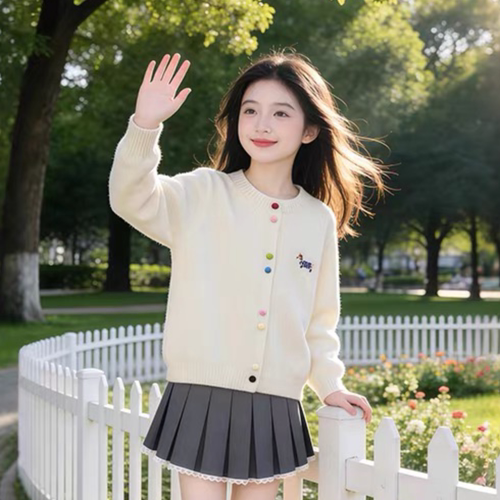 女童毛衣外套春秋装2026新款儿童洋气中大童洋气刺绣针织开衫上衣