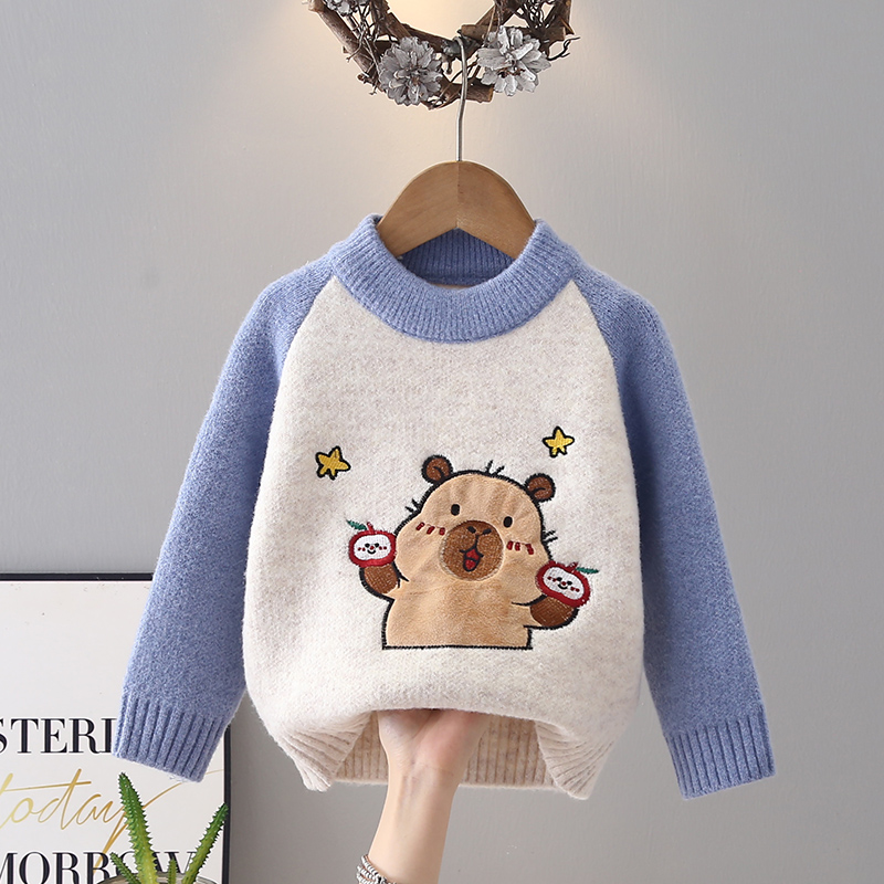 男童毛衣2025新款秋冬款儿童针织衫圆领加绒加厚男孩卡通外穿上衣