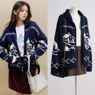 [现货]董洁同款藏青色冰岛图案复古提花宽松慵懒长袖开衫毛衣外套