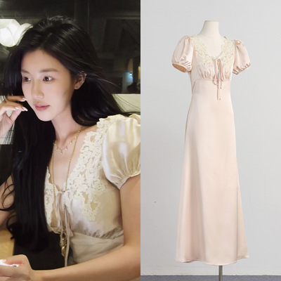 一枝南南款轻熟风宝藏连衣裙缎面蕾丝领口拼接精致长裙女