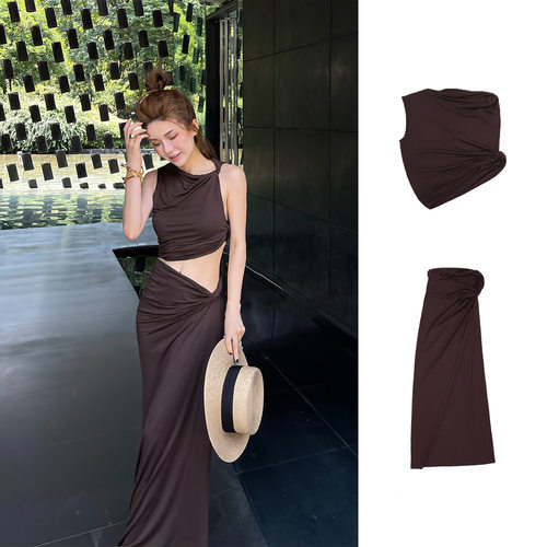 纽结修身背心垂感长裙套装