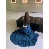 纯色一字肩长袖 打揽大摆裙长裙半身裙女 针织简约T恤