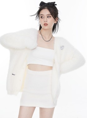 JOSS STUDIOS奶油色软糯仿貂绒针织开衫秋季新款女小个子保暖上衣