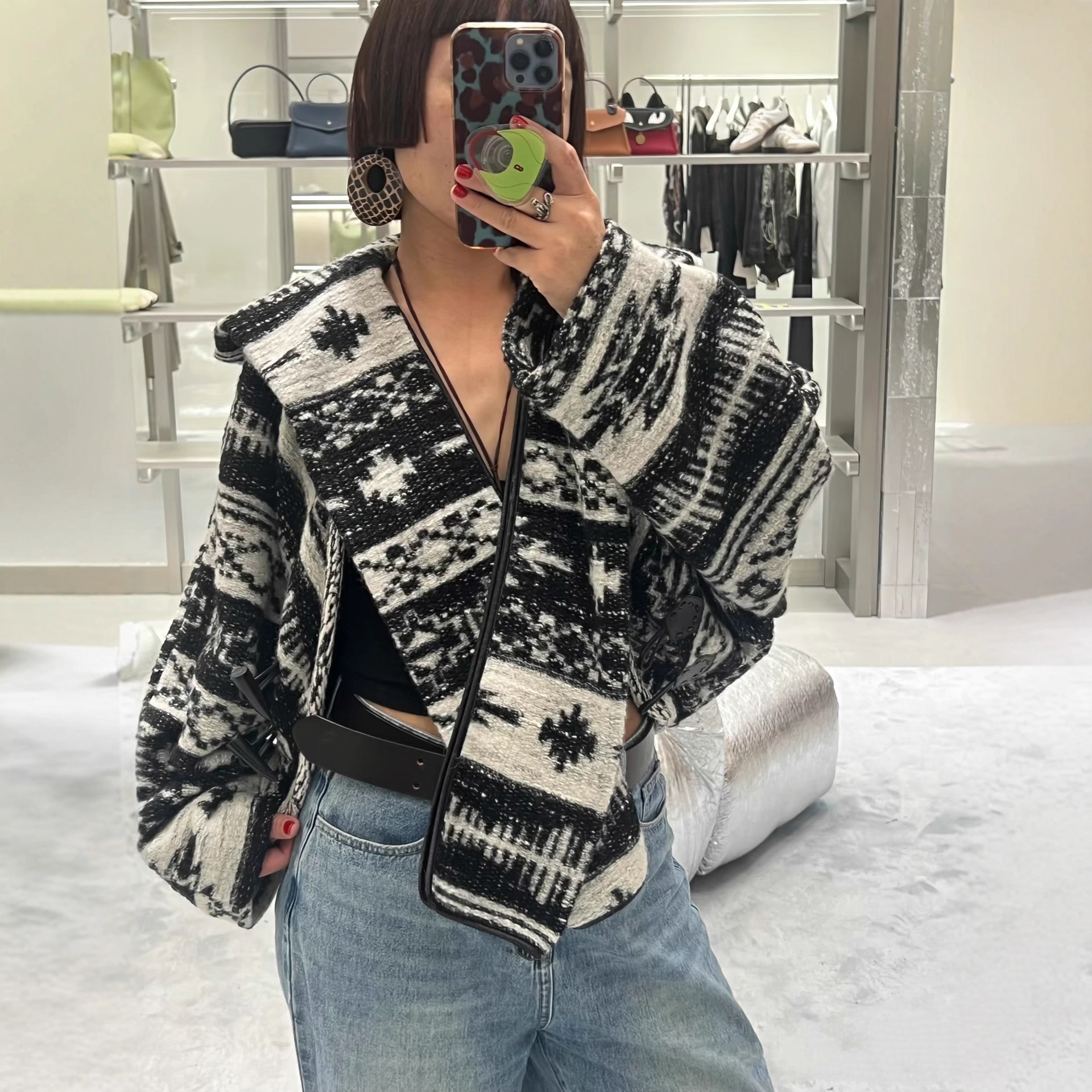 【返单3天发 元版对格】羊毛围巾领廓形外套黑白/蓝色牛角扣大衣