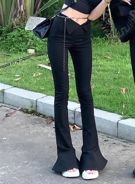 黑色链条紧身喇叭裤女 夏新款显瘦不对称翻V型低腰修身拖地超长裤