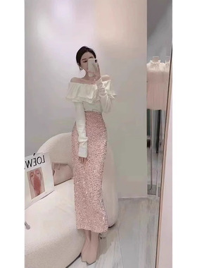 2025新款时尚气质一字名媛初恋女人味香风高级包臂亮片超仙半身裙