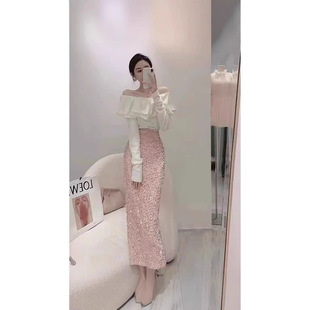 2025新款 气质一字名媛初恋女人味香风高级包臂亮片超仙半身裙 时尚