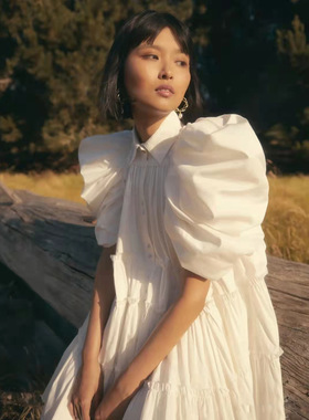 超大摆衬衫裙2025春夏新款复古法式宫廷风百褶泡泡袖宽松连衣裙女